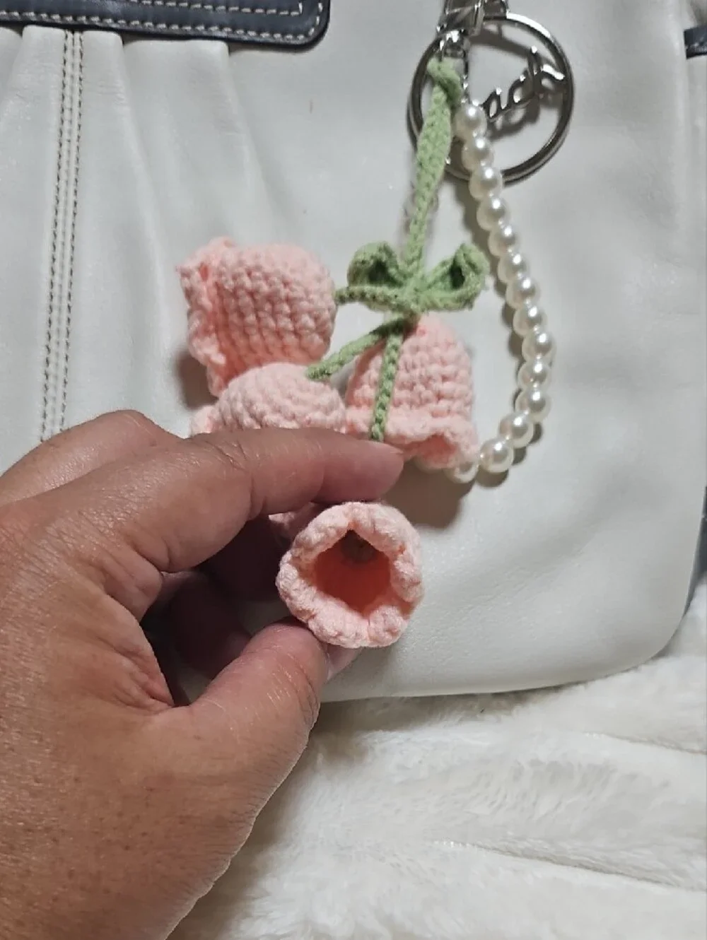 Source Unknown Pink Crochet Bell Flower Keychain with Green Stem and Pearl Beads
